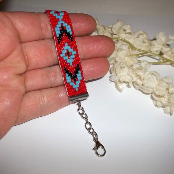 Beaded Bracelet Southwestern Western Style Red Turquoise Blue Black Silver A775 - Picture 7 of 9